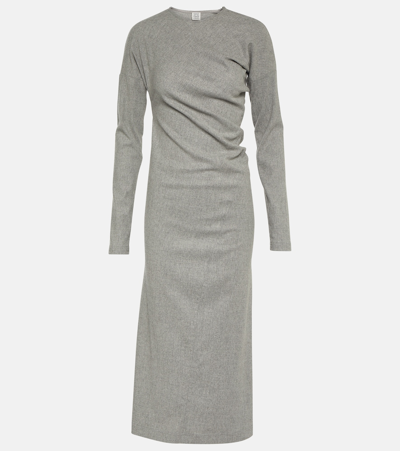 Totême Twist-detail Long-sleeve Midi Dress In Light Grey Melange