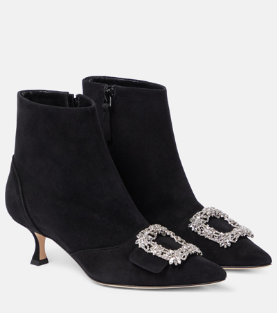 Manolo Blahnik Baylow Embellished Suede Ankle Boots In Black