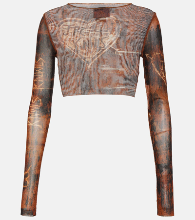 Jean Paul Gaultier X Knwls Printed Mesh Crop Top In Brown