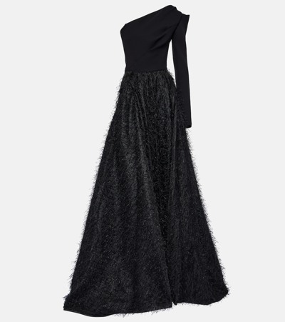Maticevski Audacity Strong One-shoulder Long-sleeve Gown In Black