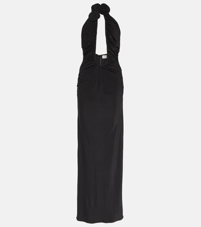 Magda Butrym Floral-appliqué Ruched Jersey Gown In Black
