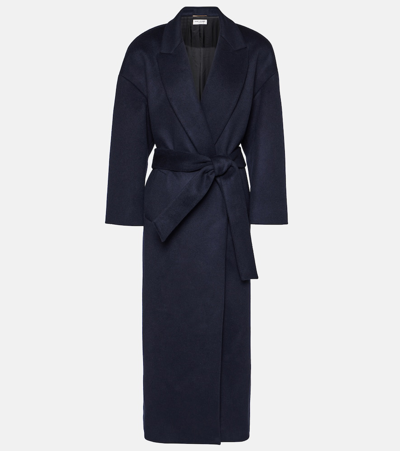 Saint Laurent Cashmere And Wool Wrap Coat In Blue