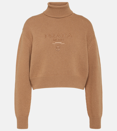 Prada Logo Wool And Cashmere Turtleneck Sweater In Brown