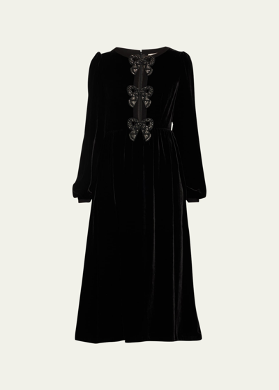 Saloni Camille Bow-embellished Velvet Dress In Blackbows