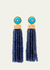 SHERMAN FIELD, 1967 18K YELLOW GOLD TRIPLE TASSEL BLUE SAPPHIRE RONDELLE EARRINGS WITH TURQUOISE AND DIAMOND STUDS