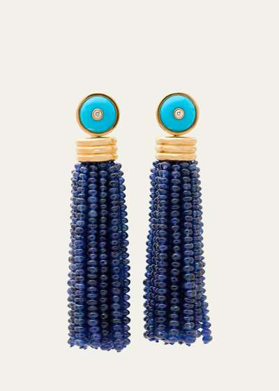 Sherman Field, 1967 18k Yellow Gold Triple Tassel Blue Sapphire Rondelle Earrings With Turquoise And Diamond Studs In Yg