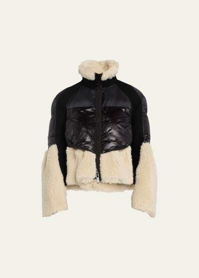 Sacai Shearling Puffer Hybrid Zip Jacket In Black X Ecru