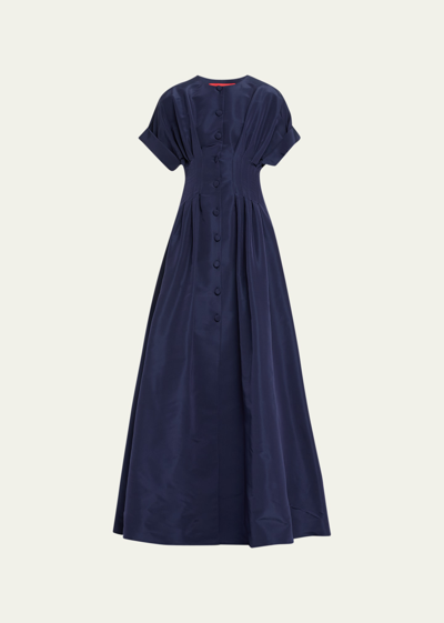 Carolina Herrera Corset-waist Short-sleeve Button-front Gown In Midnight