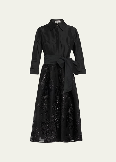 Rickie Freeman For Teri Jon Organza Jacquard & Taffeta Midi Shirtdress In Black