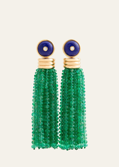 Sherman Field, 1967 18k Yellow Gold Triple Tassel Emerald Rondelle Earrings With Lapis Lazuli And Diamond Studs In Yg