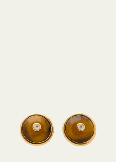 Sherman Field, 1967 18k Yellow Gold Small Round Tigers Eye And Diamond Stud Earrings In Yg