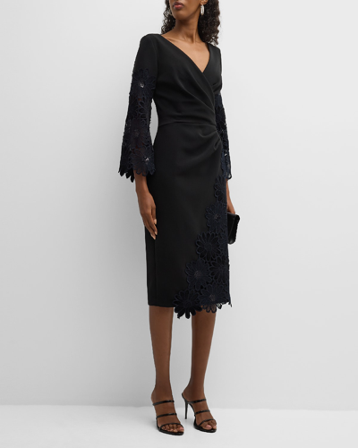 Rickie Freeman For Teri Jon Pleated Floral Lace-trim Midi Dress In Black
