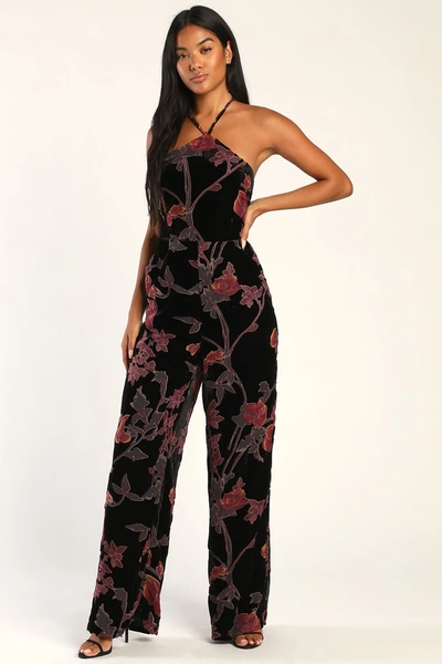 Lulus Exquisite Vibe Burnout Velvet Floral Print Lace-up Jumpsuit In Black