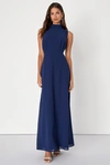 Lulus Classic Elegance Navy Chiffon Sleeveless Mock Neck Maxi Dress In Navy