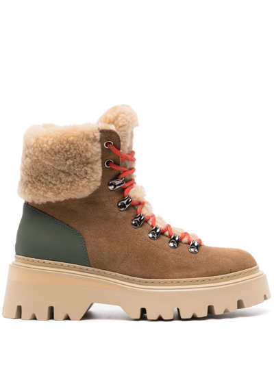 Woolrich Lace-up Shearling Boots In Beige
