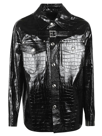 Versace Crocodile Embossed Leather Peacoat In Black