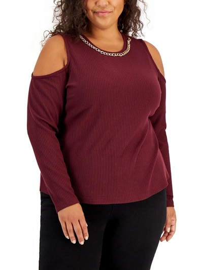 Inc Plus Womens Chain Trim Ribbed Pullover Top In Red