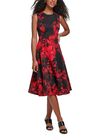 Calvin Klein Petites Womens Panel Midi Fit & Flare Dress In Red