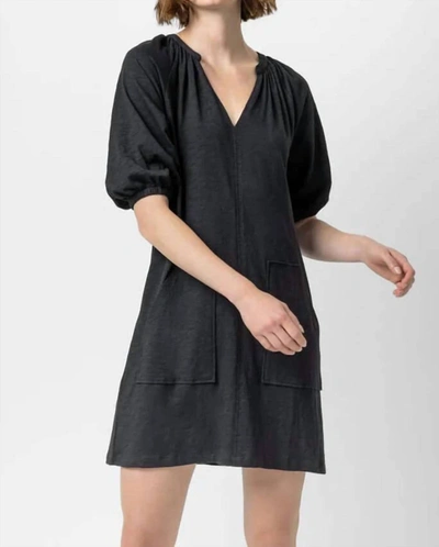 Lilla P 3/4 Sleeve Split Neck Dress In Black