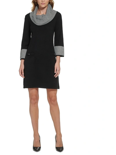 Jessica Howard Petites Womens Cowl Neck Mini Sweaterdress In Black