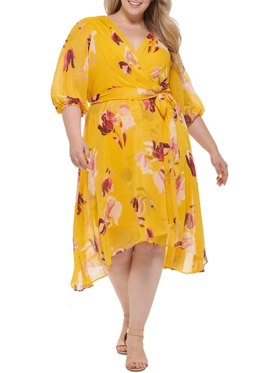 Dkny Plus Womens Chiffon Floral Wrap Dress In Yellow