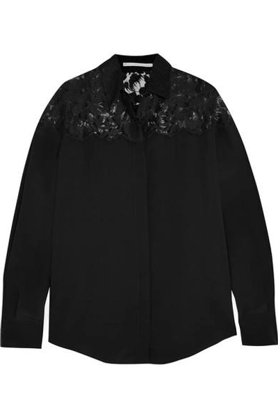 Stella Mccartney Frederika Lace-paneled Silk Crepe De Chine Shirt In Black