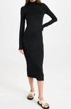 RAG & BONE SOLID TURTLE NECK RIBBED KNIT BACK SLIT MIDI DRESS IN BLACK