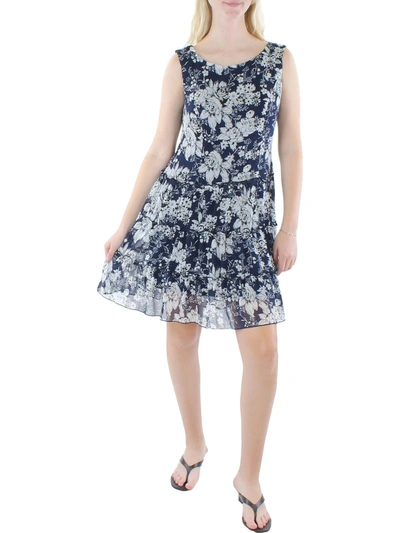 Connected Apparel Womens Sheer Floral Print Shift Dress In Blue