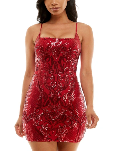 B Darlin Juniors Womens Sequined Square Neck Cocktail And Party Dress In Red