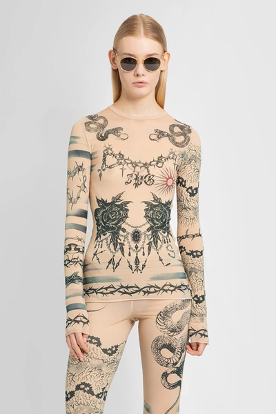 Jean Paul Gaultier Tattoo-print Long-sleeved Top In Beige
