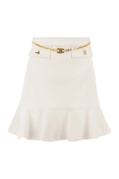 Elisabetta Franchi Short Skirt With Chain And Flounce In Ivory