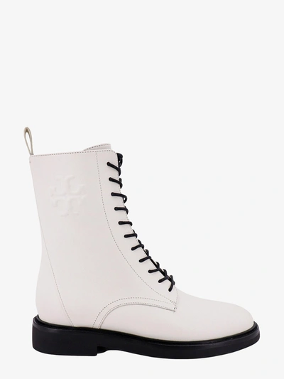 Tory Burch Double T Calf Leather Combat Boots In White