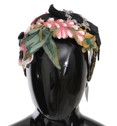 Dolce & Gabbana Multicolor Tiara Floral Crystal Bow Diadem Headband In Black