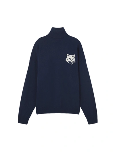 Maison Kitsuné Intarsia-knit Fox-head Wool Jumper In Blue