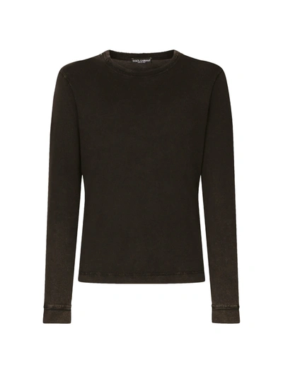 Dolce & Gabbana Long-sleeved Overdyed Jersey T-shirt In Black