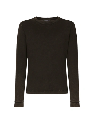 Dolce & Gabbana Long-sleeved Overdyed Jersey T-shirt In Grey