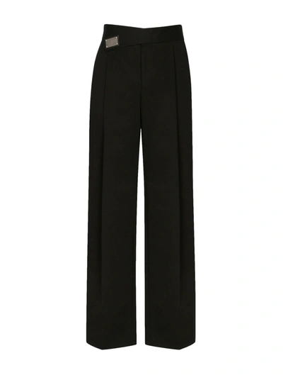 Dolce & Gabbana Stretch Cotton Trousers With Logoed Plaque In Black