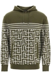 Balmain Military Green Hoodie With Monogram And Stripes In Wool And Linen Man In Green