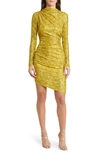 Nikki Lund Goldie Sequin Ruched Asymmetric Long Sleeve Dress In Gold