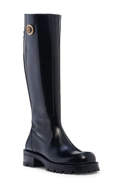 Versace Patent Leather Knee-high Boot In 1b00v Black-versa