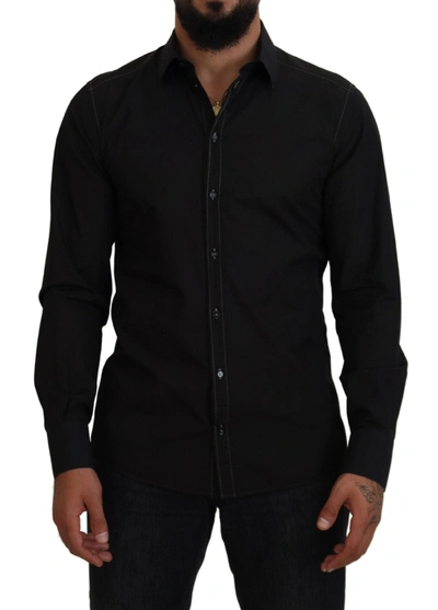 Dolce & Gabbana Black Cotton Collared Long Sleeve Gold Shirt