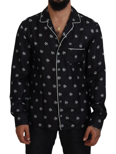 Dolce & Gabbana Black Printed Collared Men Long Sleeve Pyjama Top