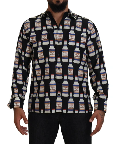 DOLCE & GABBANA BLACK SILK PRINTED COLLARED MEN CASUAL SHIRT