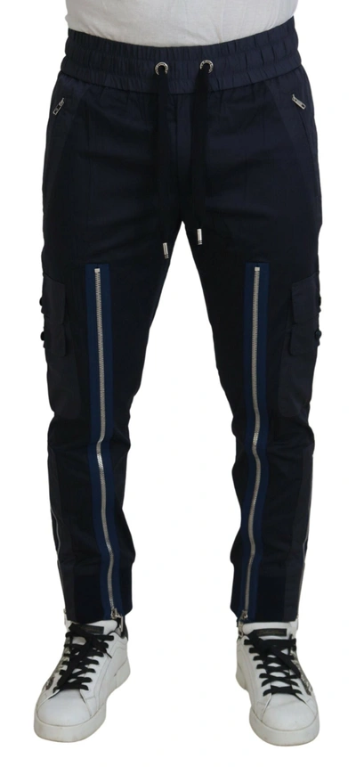 Dolce & Gabbana Dark Blue Cotton Zipper Jogger Pants