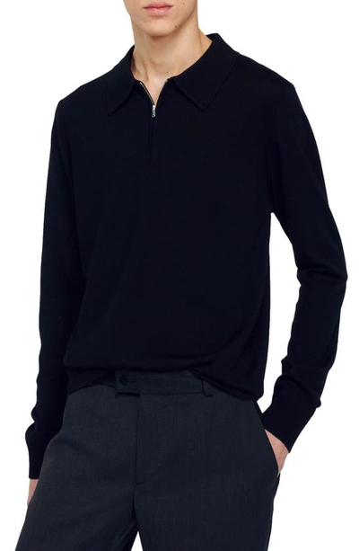 Sandro Wool-blend Zip Polo Sweater In Black
