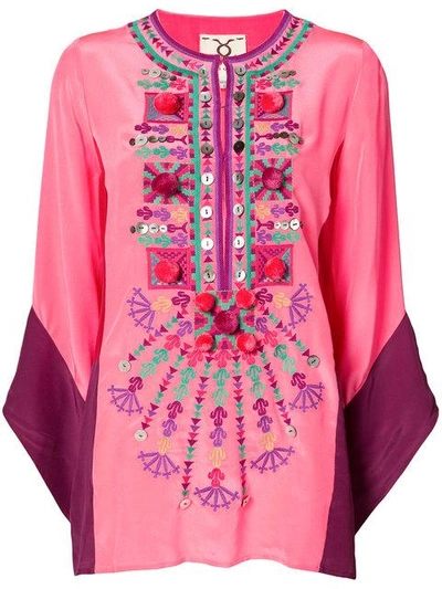 Figue Color-block Embellished Silk Tunic In Pink