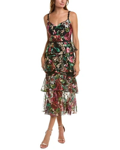 Marchesa Notte Tiered Floral-embroidered Dress In Black | ModeSens