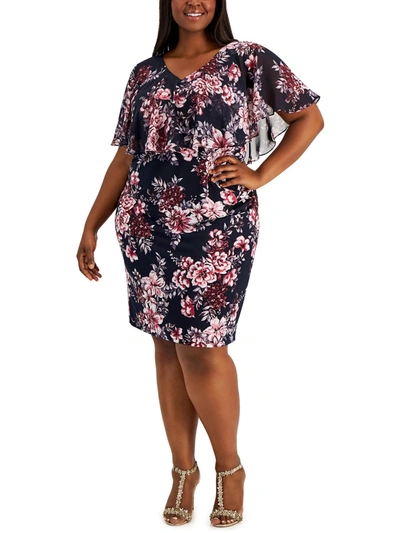 Connected Apparel Plus Womens Floral Midi Sheath Dress In Blue