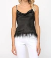 FATE LEAH FEATHER TRIMMED COWL NECK CAMI IN BLACK