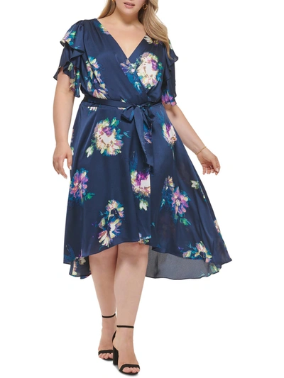 Dkny Plus Womens Floral Hi-low Wrap Dress In Blue